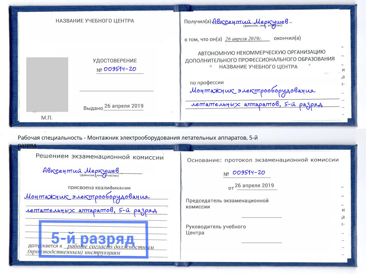 корочка 5-й разряд Монтажник электрооборудования летательных аппаратов Сухой Лог