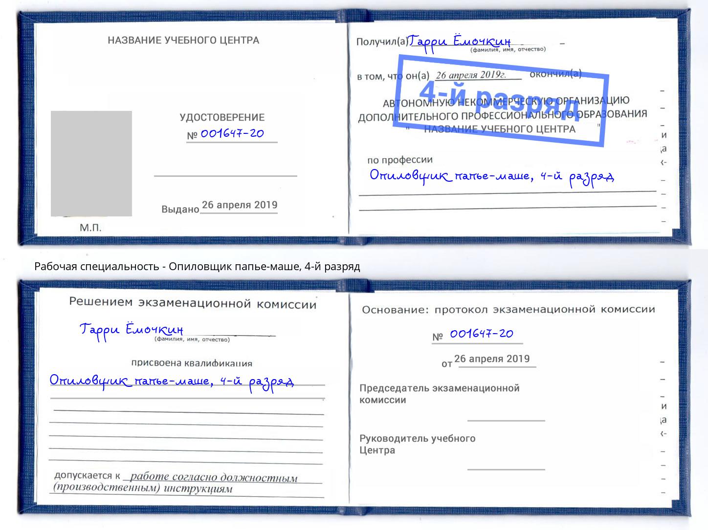 корочка 4-й разряд Опиловщик папье-маше Сухой Лог