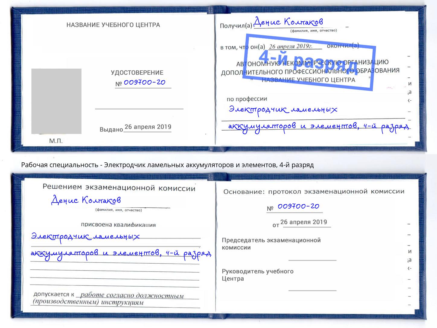 корочка 4-й разряд Электродчик ламельных аккумуляторов и элементов Сухой Лог