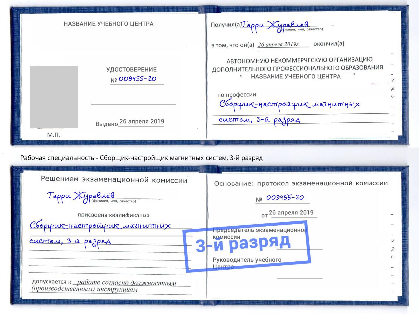 корочка 3-й разряд Сборщик-настройщик магнитных систем Сухой Лог