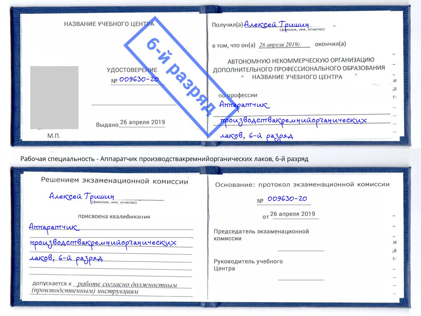 корочка 6-й разряд Аппаратчик производствакремнийорганических лаков Сухой Лог