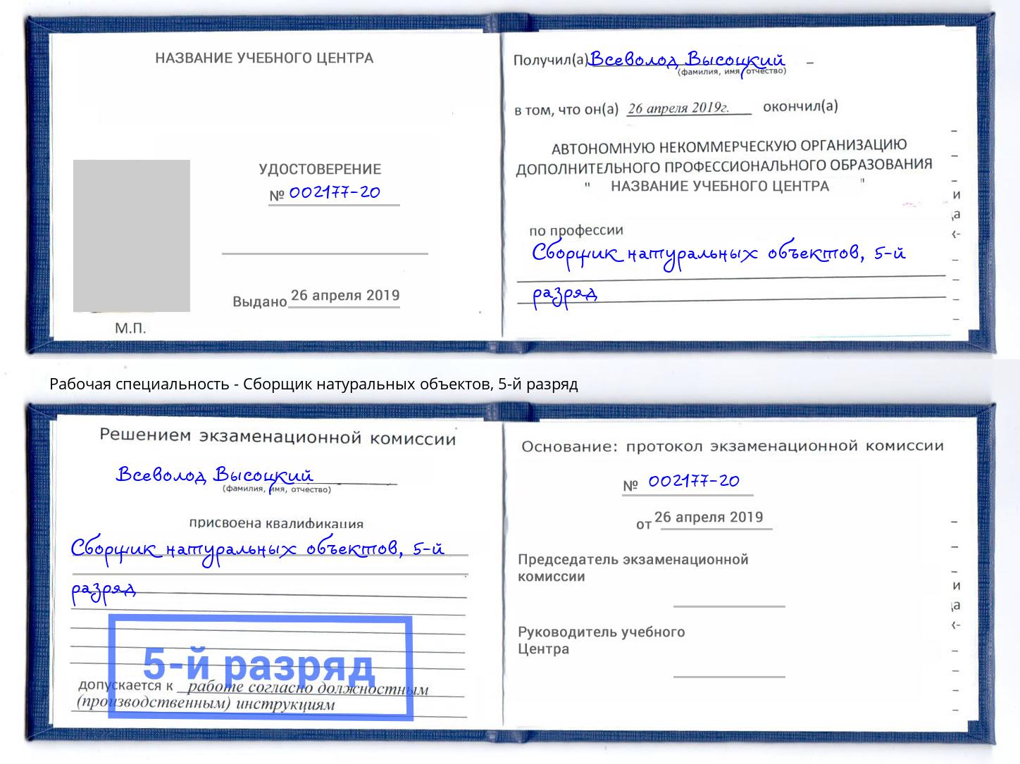 корочка 5-й разряд Сборщик натуральных объектов Сухой Лог