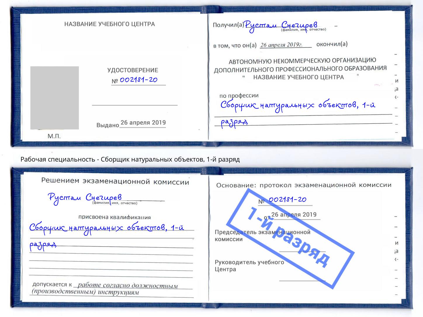 корочка 1-й разряд Сборщик натуральных объектов Сухой Лог