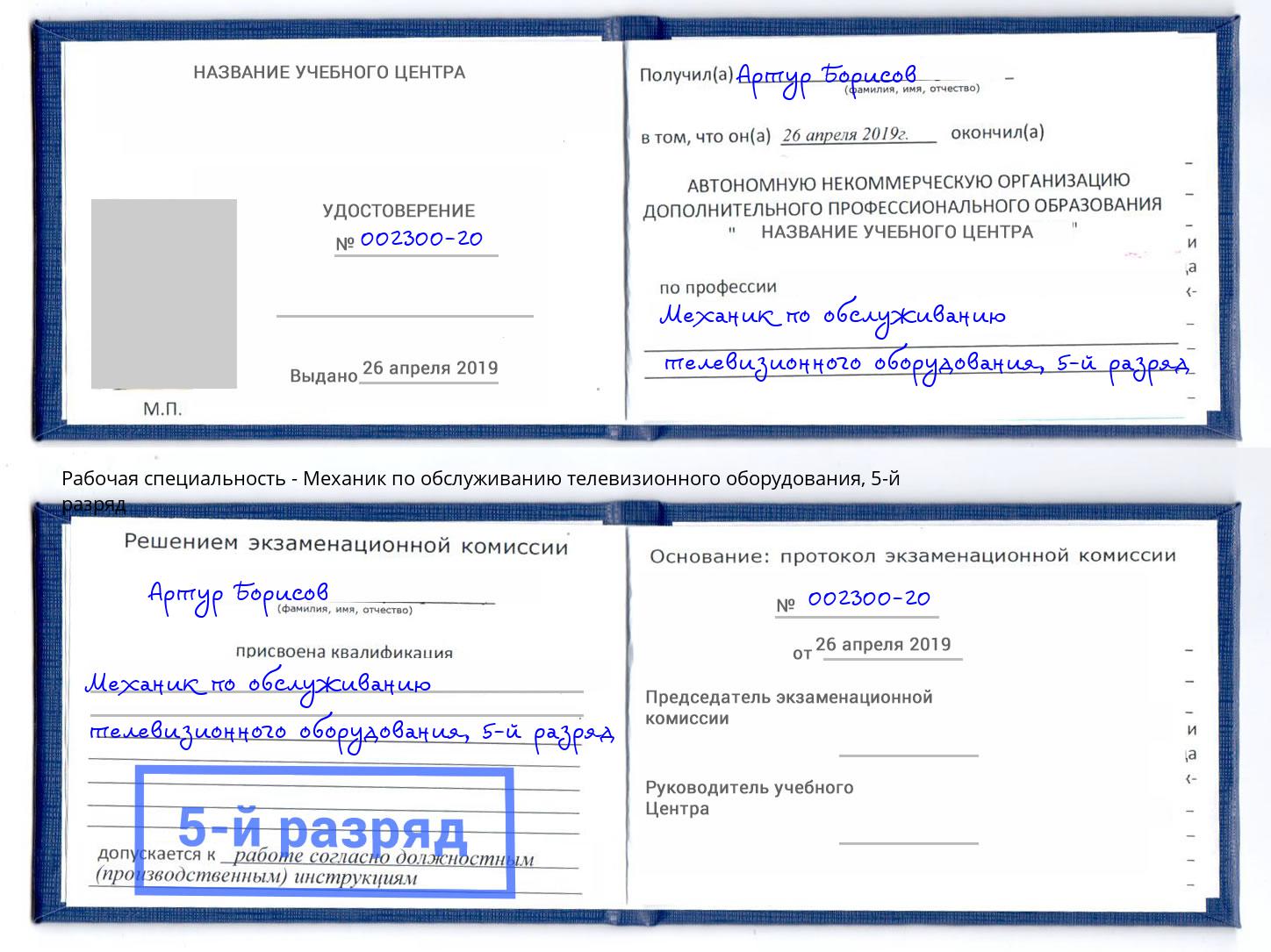 корочка 5-й разряд Механик по обслуживанию телевизионного оборудования Сухой Лог